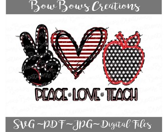 May include: A digital design featuring a peace sign, heart, and apple, with the words "PEACE LOVE TEACH". The peace sign and apple have a black and white polka dot pattern, and the heart has red and white stripes. The text "Bow Bows Creations" is at the top.