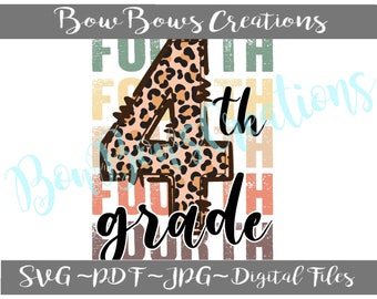 May include: A digital design for fourth grade, featuring a leopard print number 4. The word "fourth" is repeated in various colors behind the number, with "grade" in a cursive font below. The text "Bow Bows Creations" is at the top.