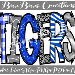 Tigers Doodle Letters PNG / School / Sports / PTA PTO Sublimation Design / Royal Grey Digital Download / Dots Hand Drawn / Heat Press