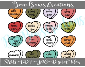 Puede incluir: Una colección de caramelos en forma de corazón de colores, cada uno con el nombre de un artista de música country en escritura negra. Los artistas incluyen a Hank Williams, Johnny Cash y Dolly Parton. La imagen también incluye el texto "Bow Bows Creations" y "SVG ~ PDF ~ JPG ~ Digital Files."