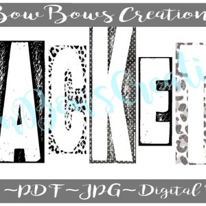 May include: Digital design featuring the word "JACKETS" in large, stylized letters. The letters have various patterns, including leopard print and textured effects, with a yellow and gray color scheme. The text "Bow Bows Creations" is at the top.
