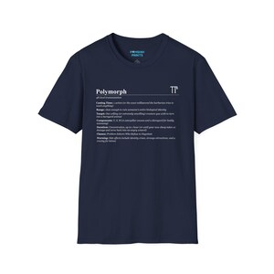 May include: A navy blue short-sleeve t-shirt featuring white text that mimics a spell description. The text reads: Polymorph, 4th level transmutation, Casting Time, Range, Target, Components, Duration, Classes, and Warning with specific details.