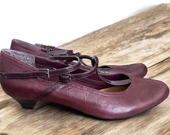 Zapatos Clarks Mary Jane de piel color burdeos, mocasines con tacón (talla 39 EU)