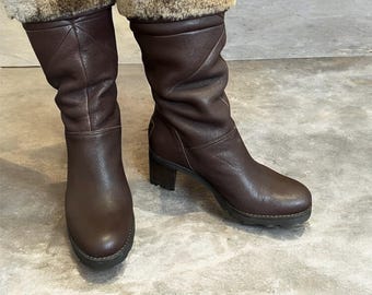 UGG Avery Leather Boots: Fur Cuff, Tall, Water Resistant (EU38 Brown)