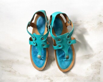 Vintage Camper Sandals Turquoise green leather summer shoes size EU 39/US 8