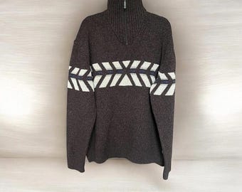 Vintage Schöffel Quarter-Zip Wool Sweater | Dark Brown with Nordic Geometric Pattern | Size L