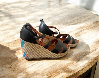 Black Leather Wedge Sandals with Braided Rope Detail, Summer Platform Shoes size EU39