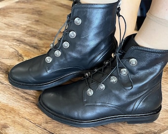 AGL Black Leather Combat Boots with Lucite Knobs, EU39