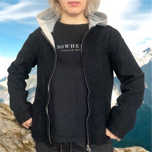 Cropped Wool Jacket, Short Jacket Wool Zip Jacket Black Hoodie Kamper size M