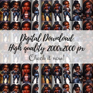 Clipart di bambola Chibi per iPhone - Personaggio ragazza nera con trecce, giacca di pelle, atmosfera al tramonto PNG per sublimazione e adesivi digitali