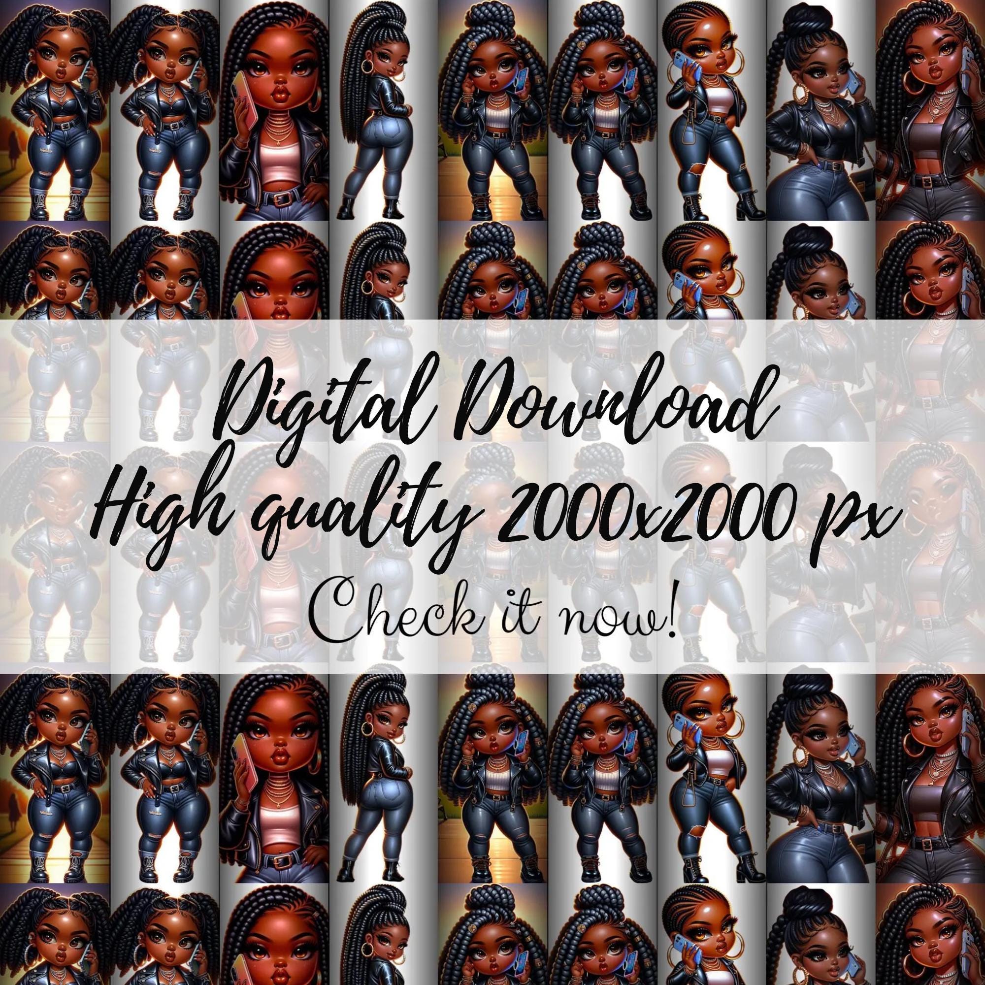 iPhone Chibi Doll Clipart PNG – Black Girl with Braids, Leather Jacket, Sunset Aesthetic for Sublimation, Stickers & Wallpapers