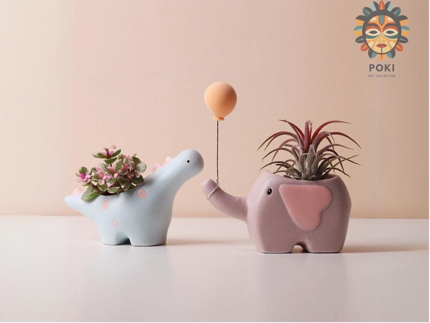 Handmade Ceramic Planters - Dinosaur, Tulip, Elephant Succulent Pots - Minimalist Animal&Flower Decor - Unique Gifts - Indoor Plant Holders