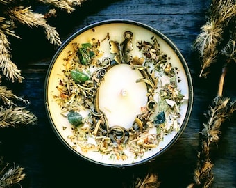 Green Witch Garden Soy Candle: Herbal Earthy Scent, Organic Herbs, Crystals, Handmade