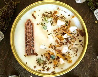 Rustic Roots Soy Candle, Crystal & Organic Herb Infused, Handmade