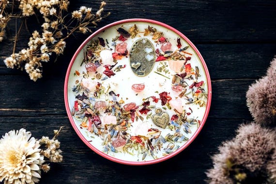 Love Scented Soy Candle, Organic Herbs, Crystals, Handmade