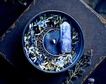 Lavender Moon Soy Candle: Organic Herbs & Crystal Infused, Handmade