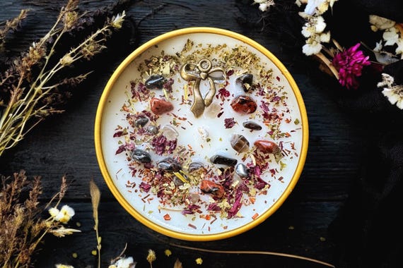 Calm 'n Cozy Soy Candle, Organic Herbs, Crystals, Handmade