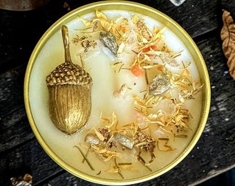 Ageless Autumn Soy Candle, Crystal & Organic Herb Infused, Handmade