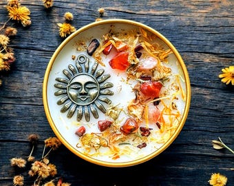 Returning Sun Soy Candle, Organic Herbs, Crystals, Handmade