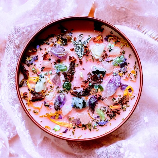 Butterfly Fairy Soy Candle: Crystal Infused, Organic Herbs