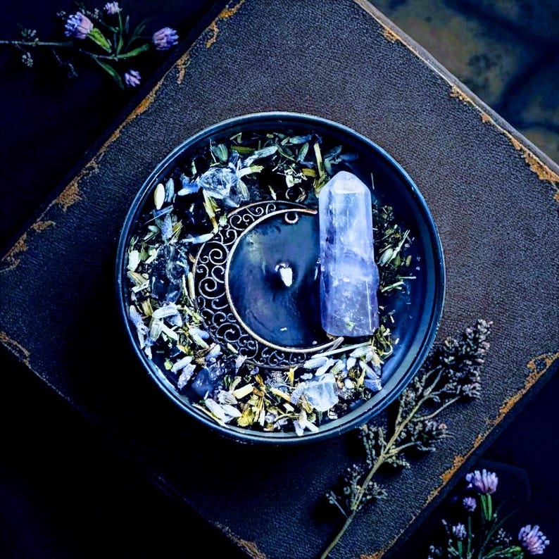 Lavender Moon Soy Candle: Organic Herbs & Crystal Infused, Handmade image 1