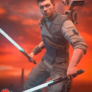 Könnte beinhalten: Eine digitale Illustration eines Charakters aus einem Science-Fiction-Franchise, der zwei leuchtende blaue Lichtschwerter hält. Die Figur trägt ein grau-blaues Outfit mit einem kleinen Droiden auf dem Rücken. Der Hintergrund ist ein feuriger orange-roter Himmel. Der Text "PATREON H3LL CREATOR" steht unten.