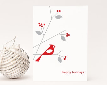 Cardinal Letterpress Card | Bird Holiday Card | Berries | Modern Bird Card | Red Bird on Branch