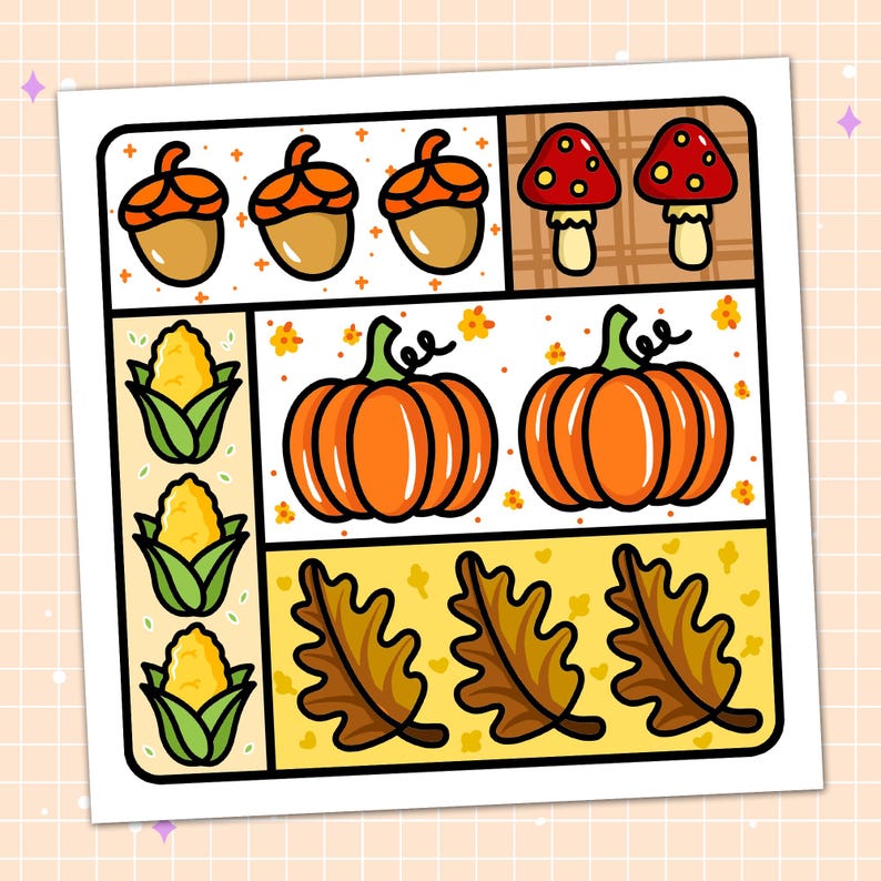 May include: A colorful illustration featuring autumn-themed elements. The image includes acorns, mushrooms, corn on the cob, pumpkins, and fall leaves. The design is in a cartoon style with a light yellow background and decorative elements.