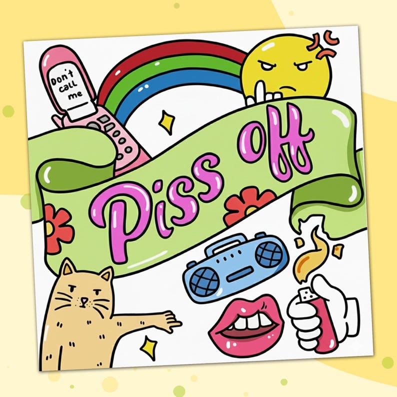 K&ouml;nnte beinhalten: Bunte Illustration mit einer Cartoon-Katze, einem Regenbogen und dem Schriftzug "Piss Off" auf einem Banner. Weitere Elemente sind ein pinkfarbenes Klapphandy, eine Boombox, Lippen, ein Feuerzeug und ein w&uuml;tendes gelbes Gesicht.