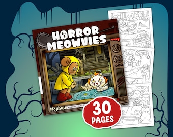 Adult Coloring Books, 30 Coloring Pages With Funny and Creepy Scenes in Horror Movie-Inspired, Printable Instant Digital Download PDF