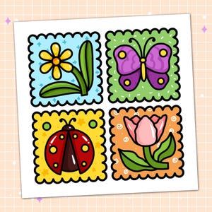 May include: A square print featuring four colorful illustrations of nature elements. The images include a yellow flower, a purple butterfly, a red ladybug, and a pink tulip. Each image is set within a decorative, scalloped border.