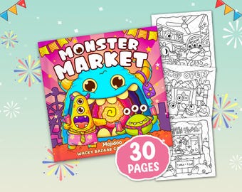 Halloween Coloring Pages, 30 Cute Coloring Book With Funny Creepy Monsters in Spooky Market Corner, Printable Instant Digital Download PDF