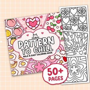 Può includere: Un libro da colorare intitolato "Pattern to Chill" con una copertina rosa e bianca con disegni di frutta e fiori. Il libro include oltre 50 pagine di motivi da colorare semplici e audaci. Sono visibili diverse pagine aperte con disegni in bianco e nero.