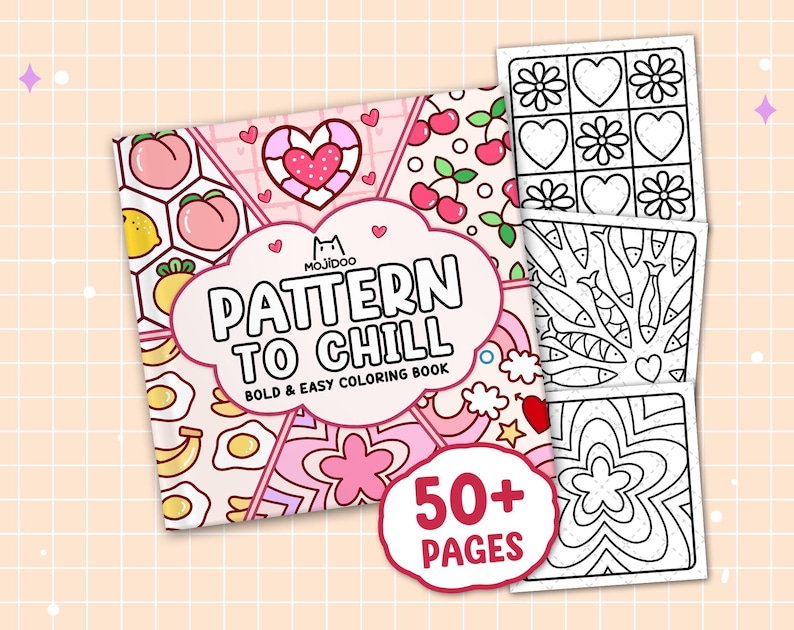 May include: A coloring book titled "Pattern to Chill" with a pink and white cover featuring fruit and floral designs. The book includes over 50 pages of bold and easy coloring patterns. Several open pages with black and white designs are visible.
