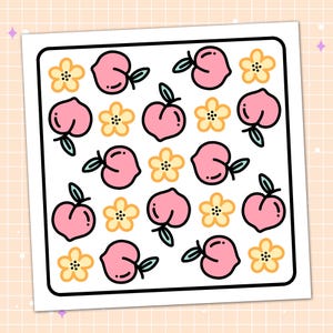 May include: A square sticker sheet featuring a repeating pattern of pink peaches with green leaves and yellow flowers with black outlines. The sticker sheet has a white border and is set against a light peach grid background.