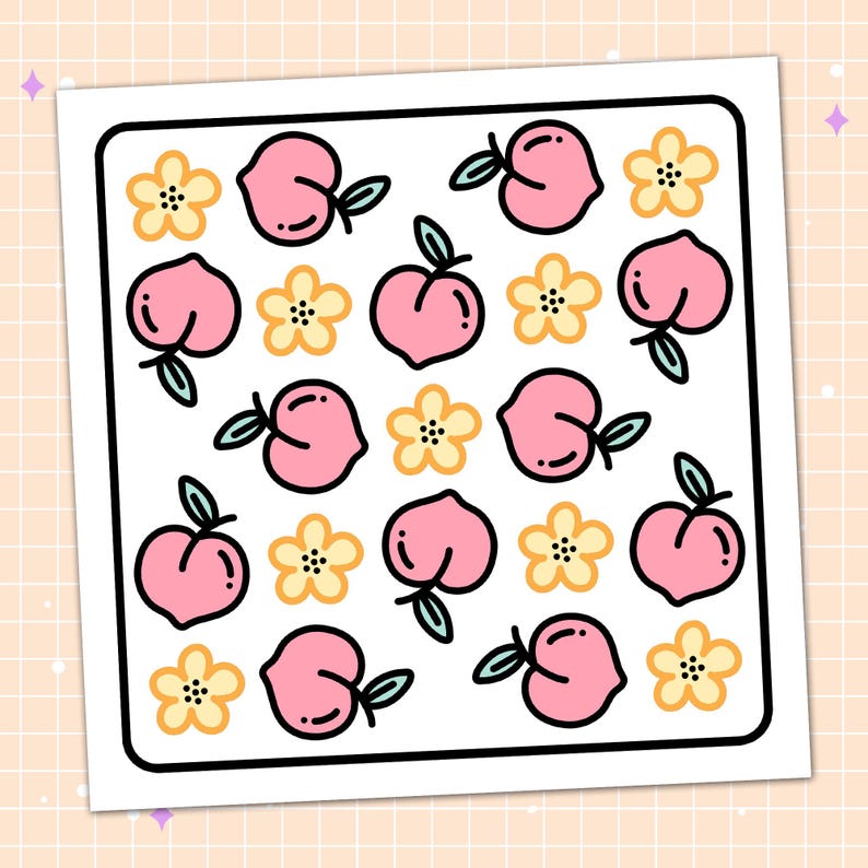 May include: A square sticker sheet featuring a repeating pattern of pink peaches with green leaves and yellow flowers with black outlines. The sticker sheet has a white border and is set against a light peach grid background.