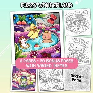 Fuzzy Wonderland Pack 2 – Tiny Cat & Friends in Fantasy Land Coloring Book | 6 Digital Pages (PDF) by Mojidoo