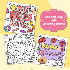 K&ouml;nnte beinhalten: Drei quadratische Kunstdrucke mit verspielten Designs und Text. Ein Druck sagt "YOUR FUCKING GOT THIS" mit Emojis. Ein anderer sagt "PUSSY ASS" in einem Herzen. Der dritte sagt "DAMN PUSSY".