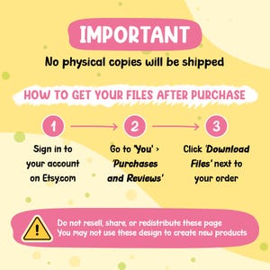 K&ouml;nnte beinhalten: Gelb-rosa Infografik mit Anweisungen zum Herunterladen von Dateien nach dem Kauf. Der Text enth&auml;lt &bdquo;WICHTIG&ldquo;, &bdquo;WIE SIE IHRE DATEIEN NACH DEM KAUF ERHALTEN&ldquo; und nummerierte Schritte mit Anweisungen auf Etsy.com.