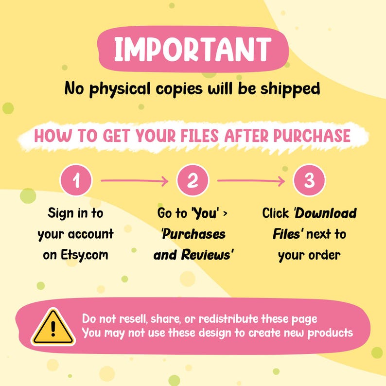 K&ouml;nnte beinhalten: Gelb-rosa Infografik mit Anweisungen zum Herunterladen von Dateien nach dem Kauf. Der Text enth&auml;lt &bdquo;WICHTIG&ldquo;, &bdquo;WIE SIE IHRE DATEIEN NACH DEM KAUF ERHALTEN&ldquo; und nummerierte Schritte mit Anweisungen auf Etsy.com.