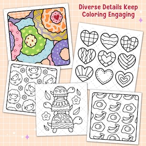 May include: A collection of coloring pages featuring various designs. The pages include colorful abstract patterns, outlined hearts, sheep, turtles, and food illustrations. The text "Diverse Details Keep Coloring Engaging" is visible.