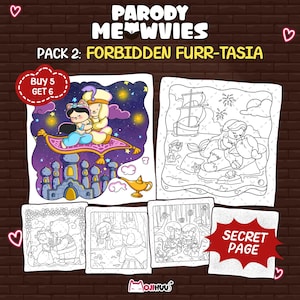 May include: A collection of coloring pages titled "PARODY MEWVIES PACK 2: FORBIDDEN FURR-TASIA." The images feature cartoon parodies of popular characters, including a princess on a magic carpet and a mermaid. The set includes a "SECRET PAGE" and a "Buy 5 Get 6" promotion.