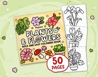 Adult Coloring Pages, 50 Bold and Easy Nature Art & Flower Coloring Book for Women Teen Kid, Printable Instant Digital Download PDF