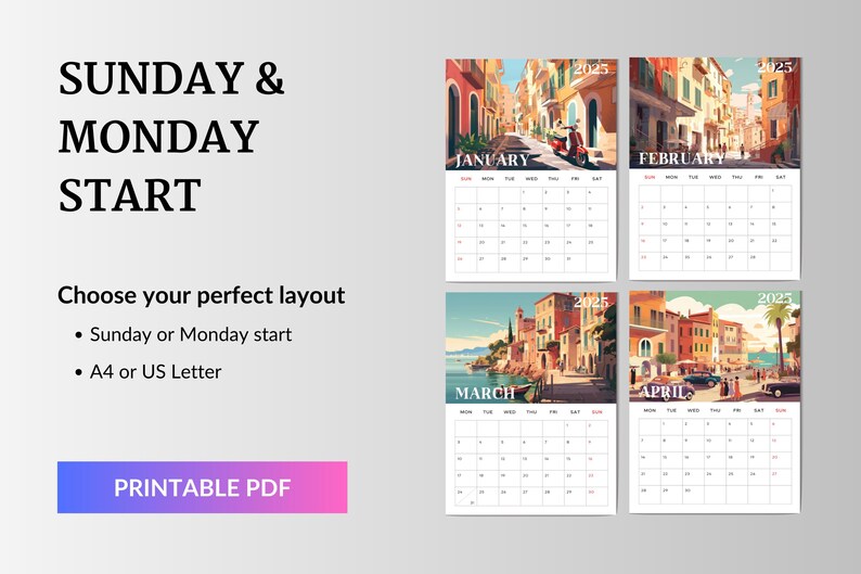 2025 Printable Wall Calendar Sunday and Monday Start A4 or US Letter