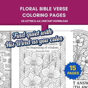 Bible Coloring Pages for Adults: 15 Floral Bible Verse Art Deco Printables (Digital PDF)