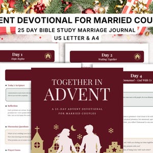 May include: A 25-day Advent devotional journal for married couples featuring a dark red cover with white silhouettes of a couple, a church, and stars. The journal includes pages with daily scripture, reflection prompts, and discussion questions.
