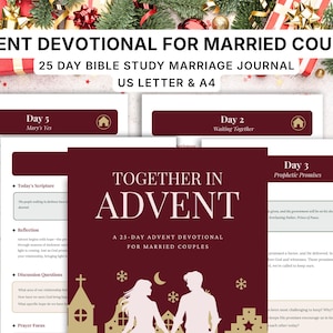 Op de afbeelding: Een 25-daags adventsdagboek voor echtparen getiteld Together in Advent. De kastanjebruine kaft toont een wit silhouet van een echtpaar, een kerk en sneeuwvlokken. De set bevat meerdere pagina's met secties voor schriftlezing, reflectie en gebed.