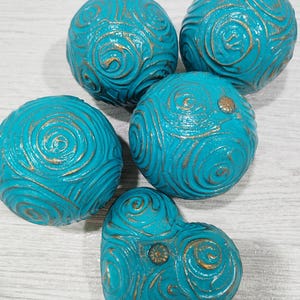 Turquoise and Gold Decorative Balls and Heart – Textured Orbs for Bowl Filler or Home Decor – Set of 5 Handmade Accents