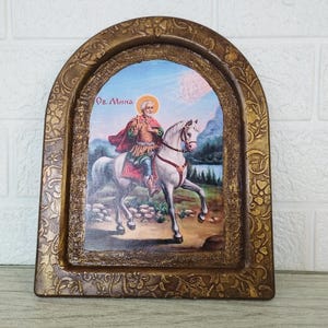 Orthodox Icon of Saint Mina – 10&quot;x8&quot; Decoupage on MDF – Handmade Christian Icon – Protector and Warrior Saint Gift – Icon for Protection
