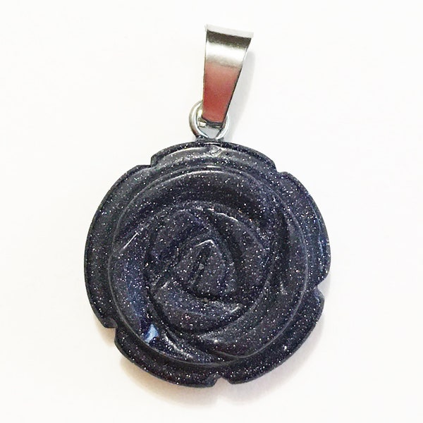 Blue Goldstone Pendant Carved Rose Small Size